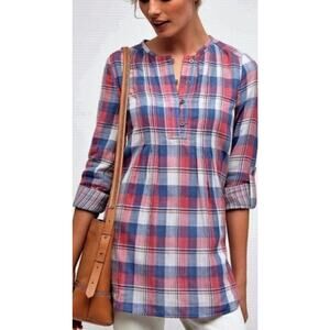 Anthropologie Holding Horses Plaid Tunic Top Popover Size 0 Pink Blue‎ Western